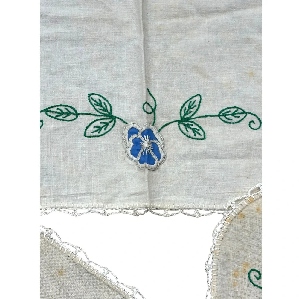 Vintage Hand Embroidered Linen Dresser Scarf Doily Set Blue Pansy Floral 8pc